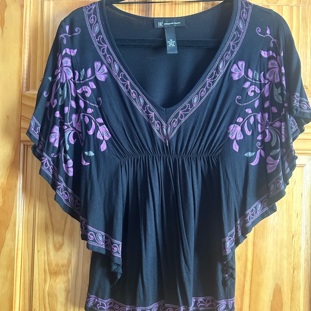 INC International Concepts Black Ruffled Flutter Sleeve Blouse